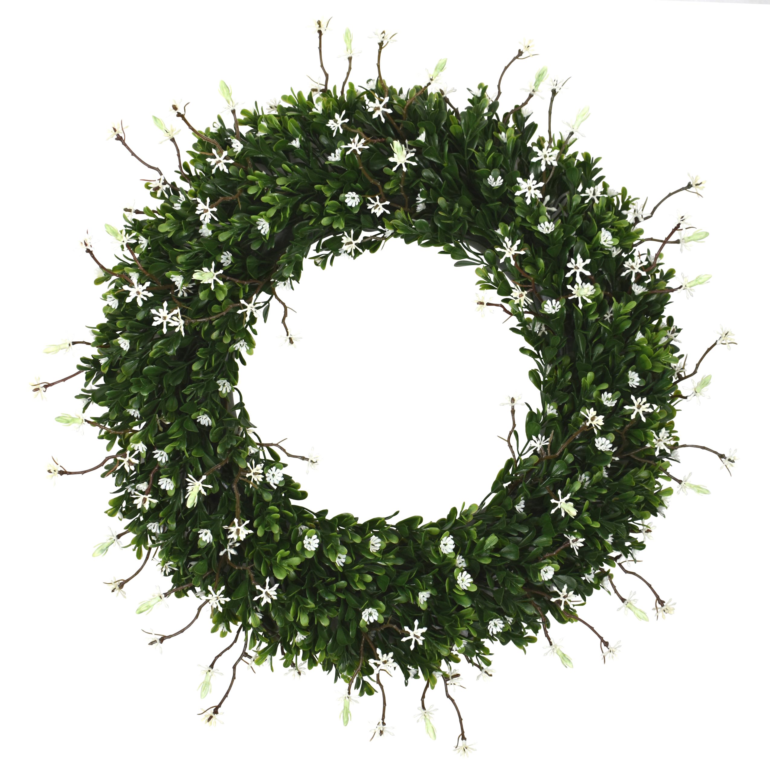17.5″ UV Resistant Plastic New Boxwood Wreath w/ 114Lvs. 244Flowers.